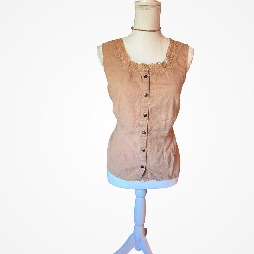 J. Jill Tan Linen Blend Crochet Lace Trim Button Front Sleeveless Blouse Small